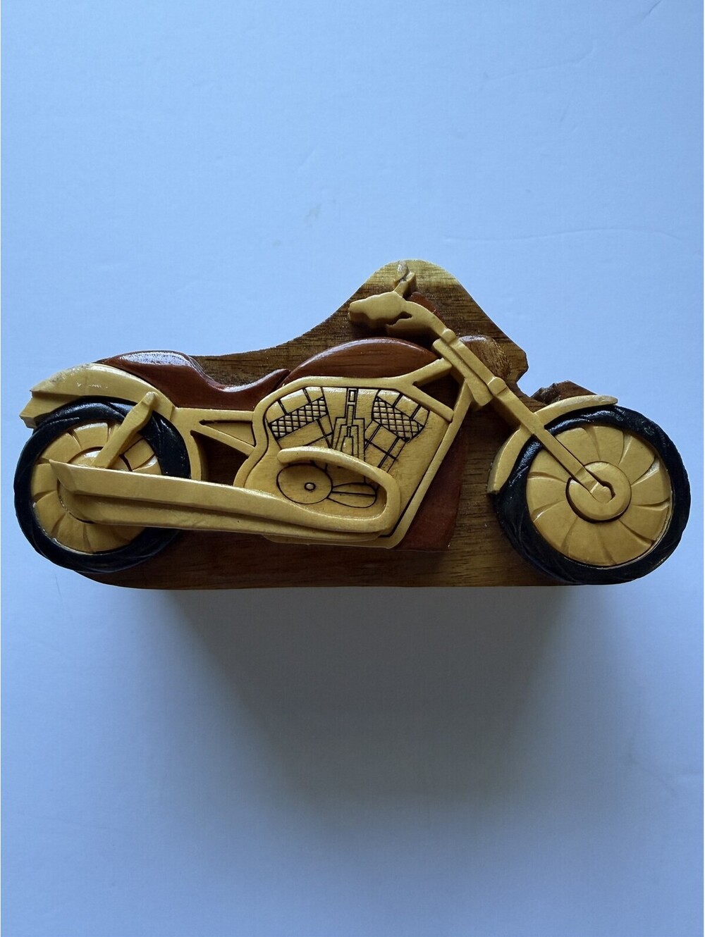 Wood Motorcycle Puzzle Box Small Brown Carved Glossy Secret Trinket Box Storage